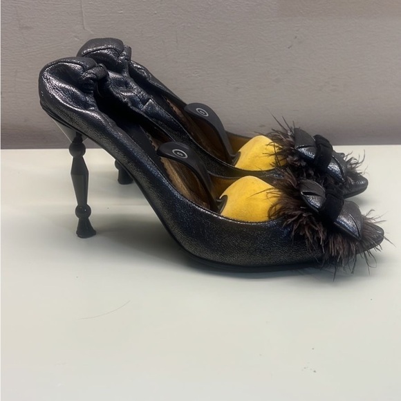 Emporio Armani Black Heels with Sculptural Metallic Heel and Glossy Finish